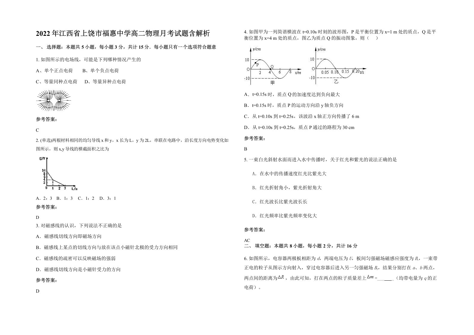 2022年江西省上饶市福惠中学高二物理月考试题含解析