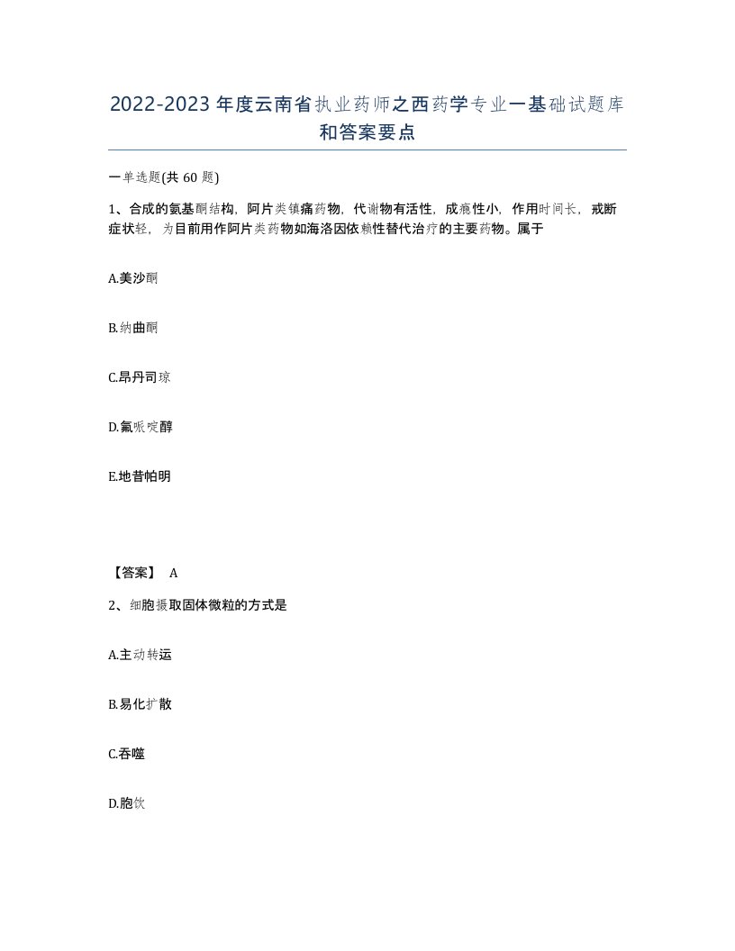 2022-2023年度云南省执业药师之西药学专业一基础试题库和答案要点