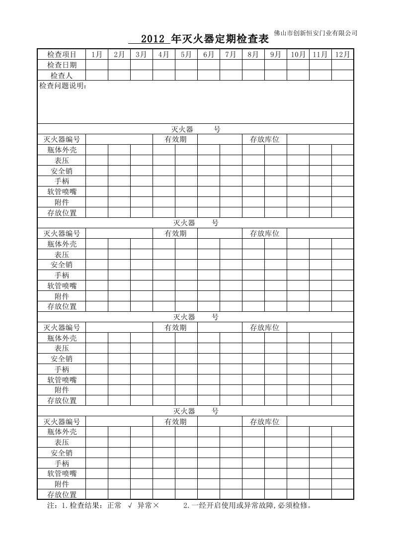 灭火器、消防栓定期(月)检查表