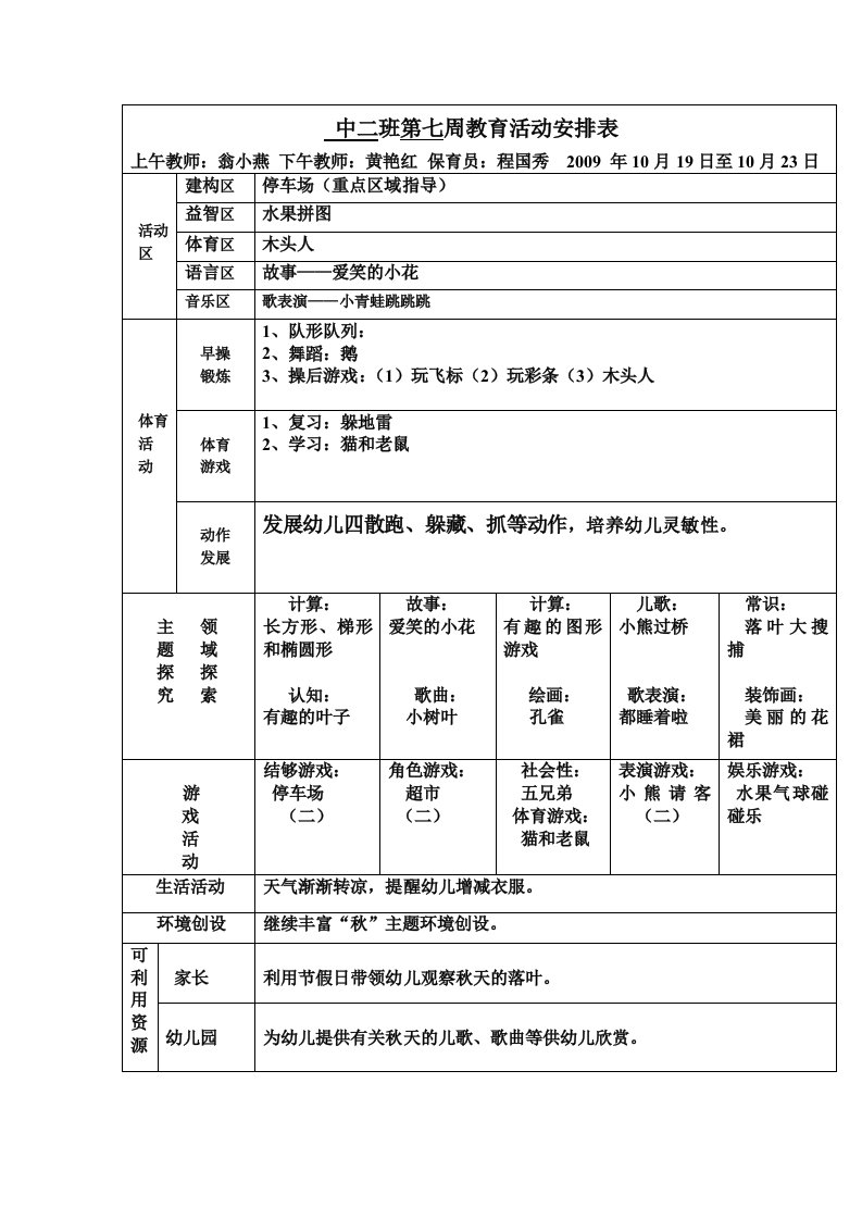 中二班第七周教案完整版