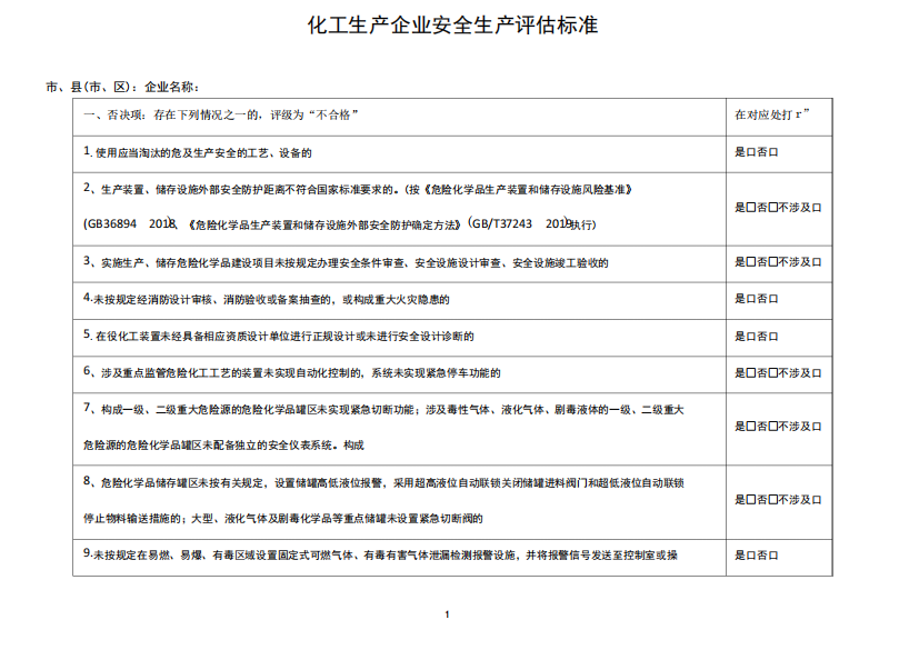 化工生产企业安全生产评估标准