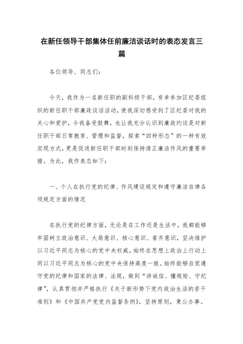 在新任领导干部集体任前廉洁谈话时的表态发言三篇