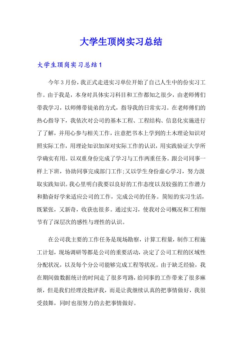 大学生顶岗实习总结