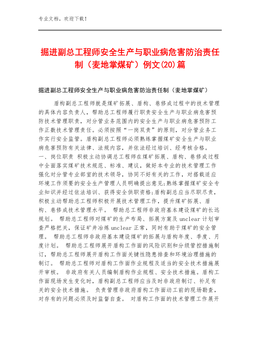 掘进副总工程师安全生产与职业病危害防治责任制（麦地掌煤矿）例文(20)篇