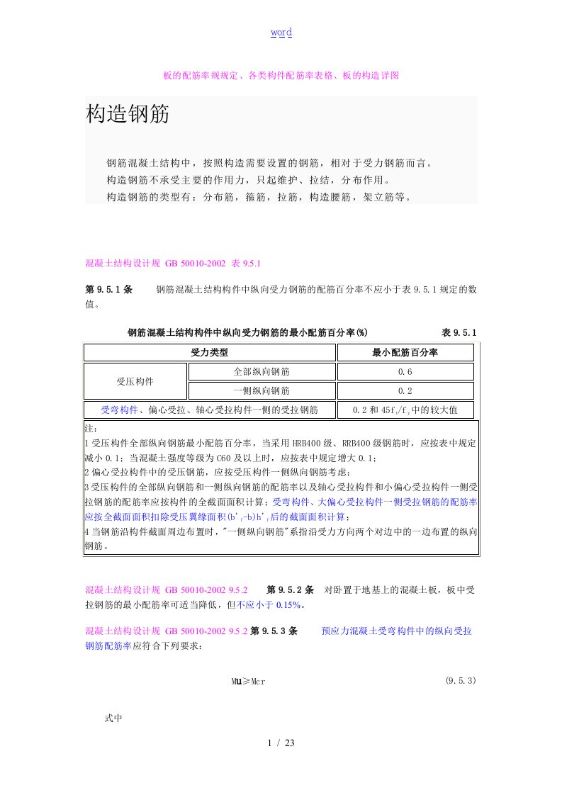 板的配筋率要求规范规定、各类构件配筋率表格、板的构造详图