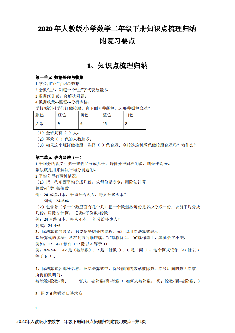 2020年人教版小学数学二年级下册知识点梳理归纳附复习要点