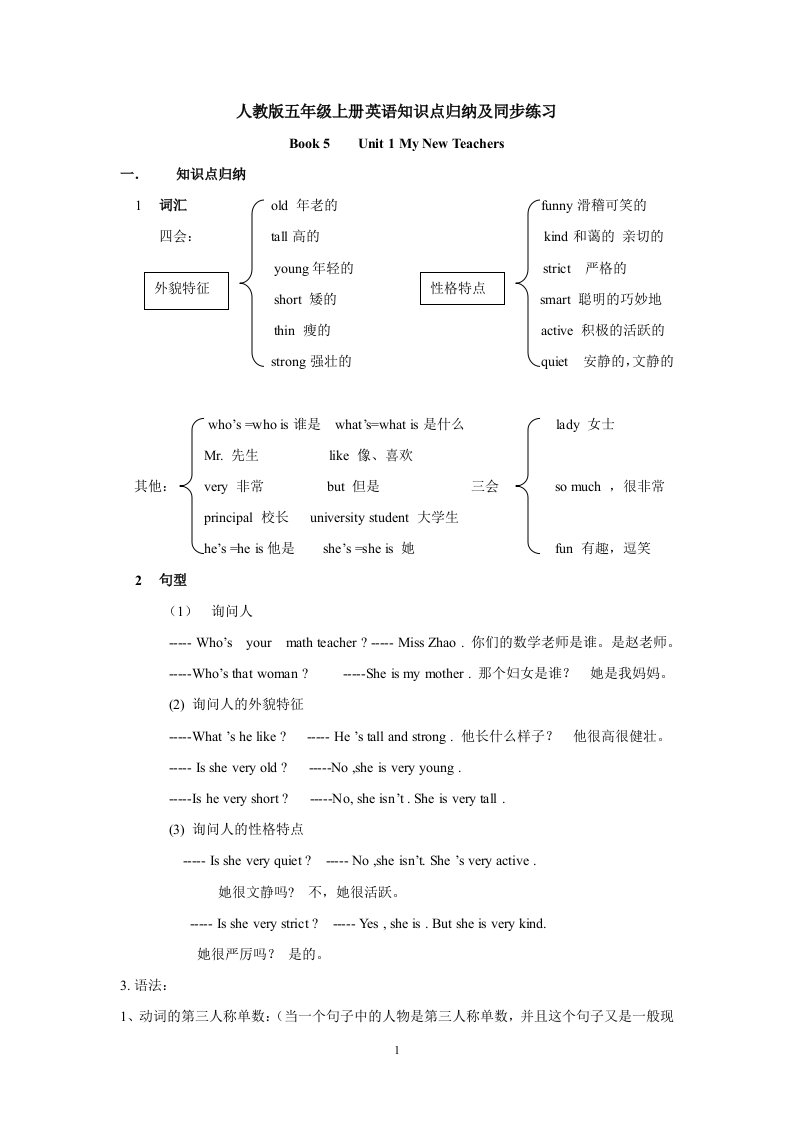 人教版五年级上册英语知识点归纳及同步练习