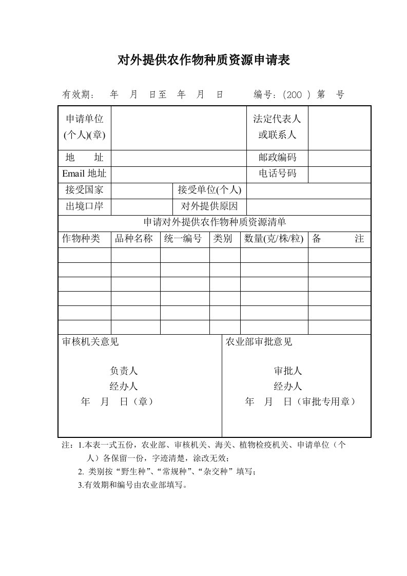 对外提供农作物种质资源申请表