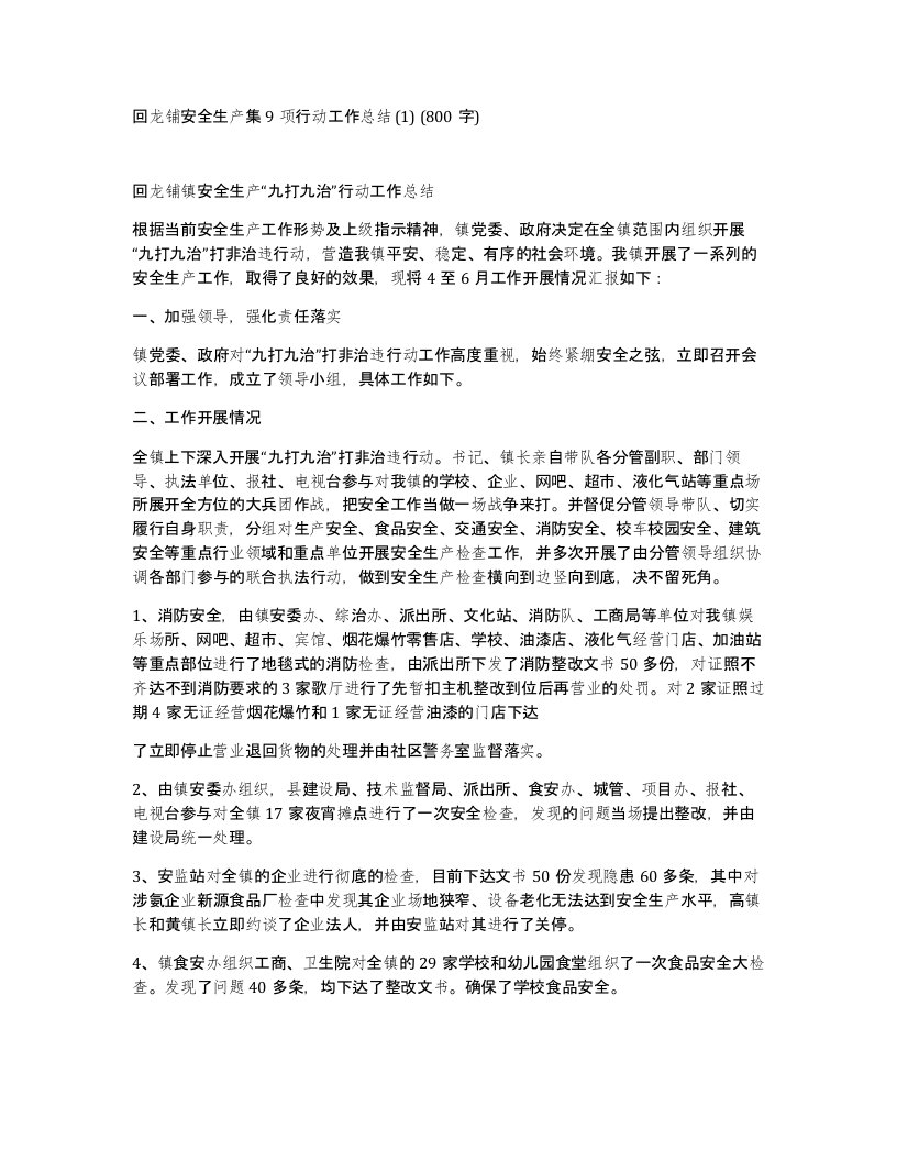 回龙铺安全生产集9项行动工作总结800字