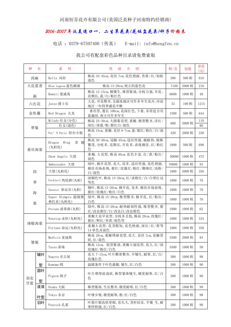 美国泛美种子一、二年生草花（花坛、盆花类）