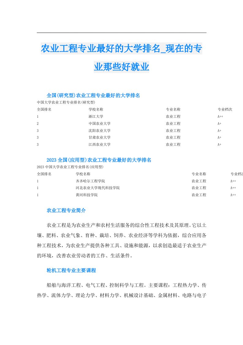 农业工程专业最好的大学排名_现在的专业那些好就业