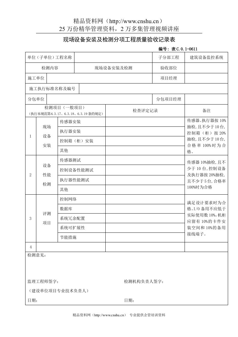 现场设备安装及检测分项工程质量验收记录表