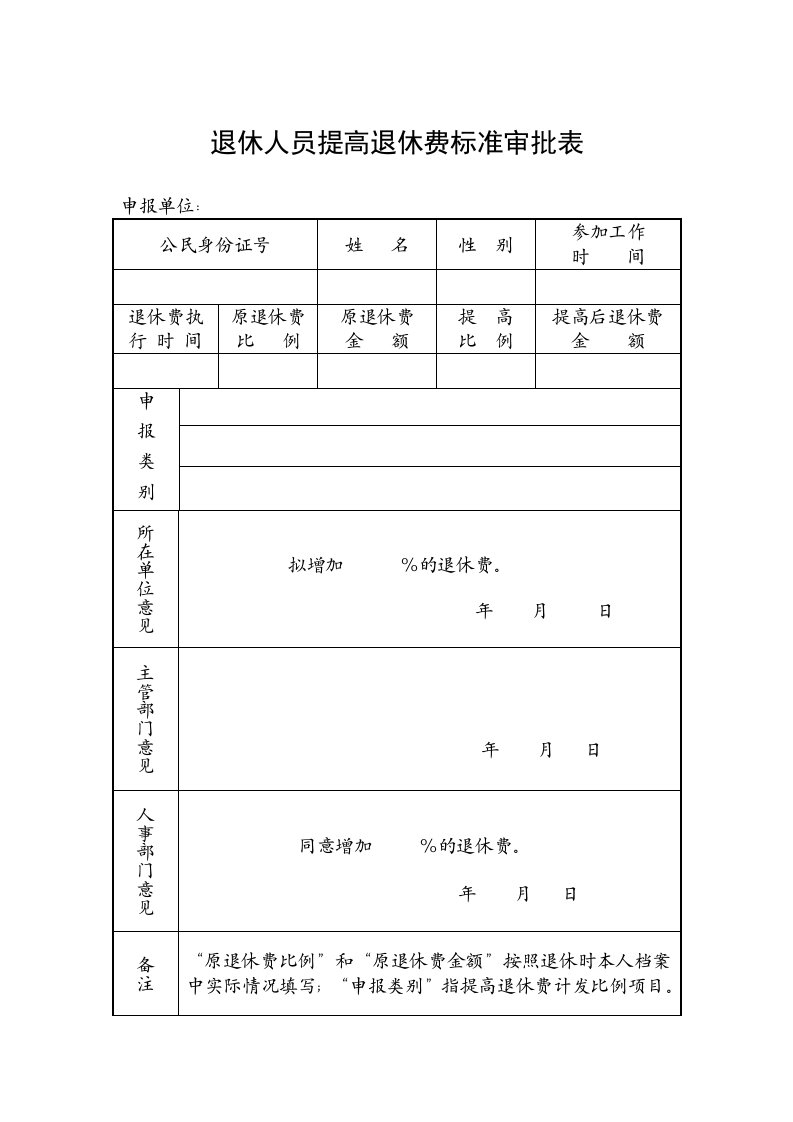 退休人员提高退休费标准审批表