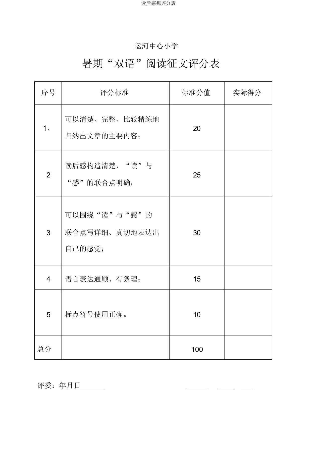 读后感想评分表