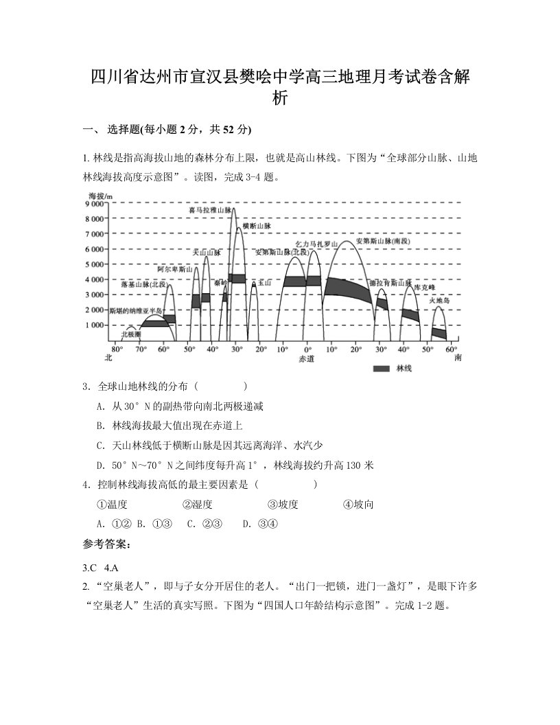 四川省达州市宣汉县樊哙中学高三地理月考试卷含解析