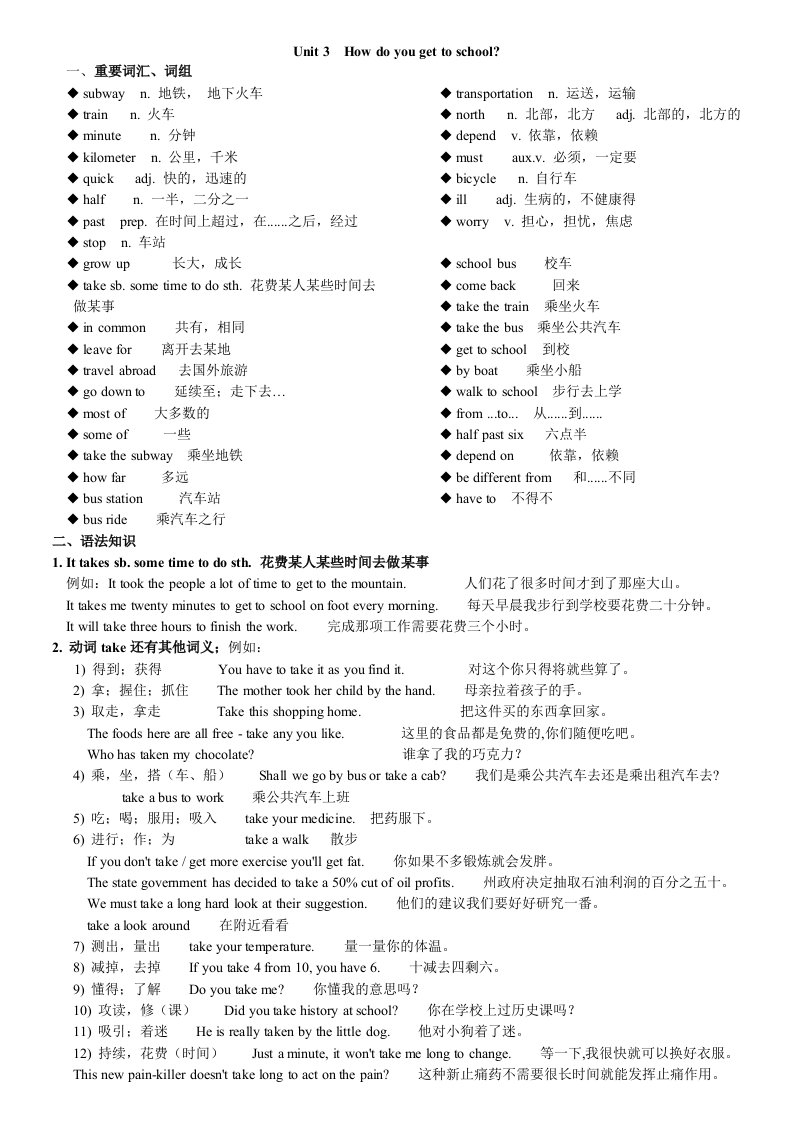 七年级英语下册U3Howdoyougettoschool重点知识讲解与测试人教新目标版