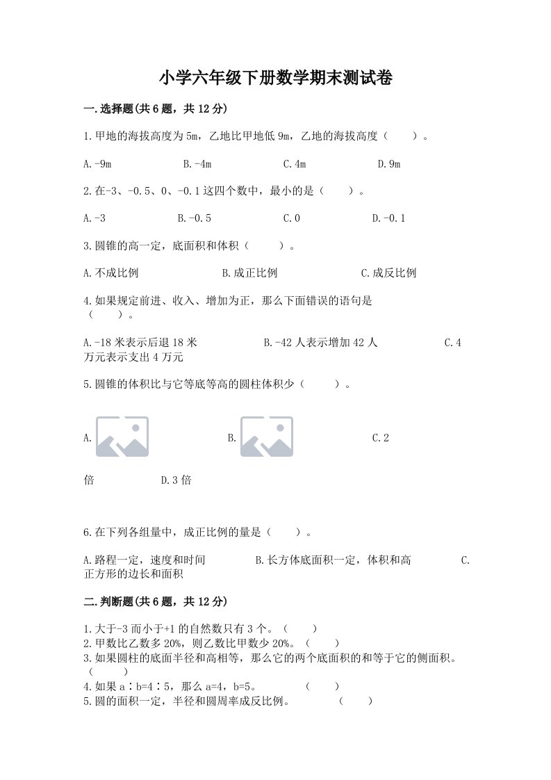 小学六年级下册数学期末测试卷附参考答案（达标题）