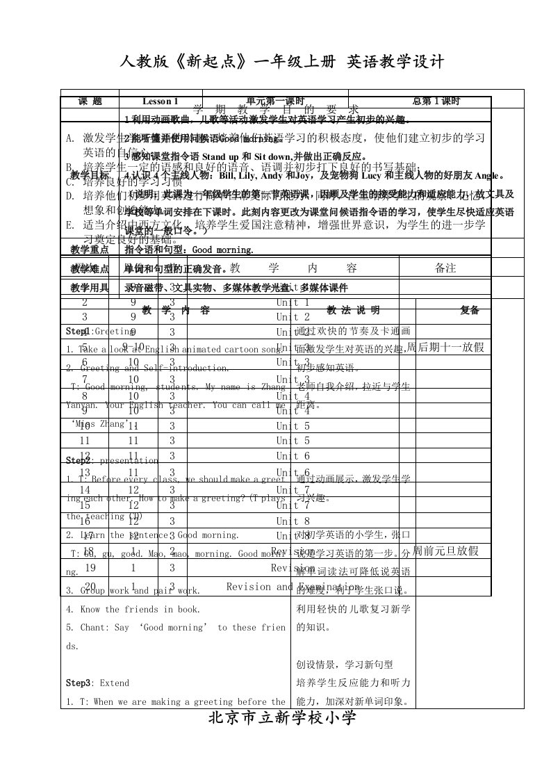 新起点一年级(上)英语教学设计(I)