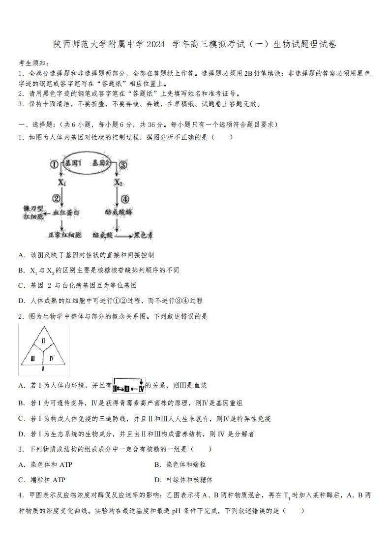 陕西师范大学附属中学2024学年高三模拟考试(一)生物试题理试卷含解析