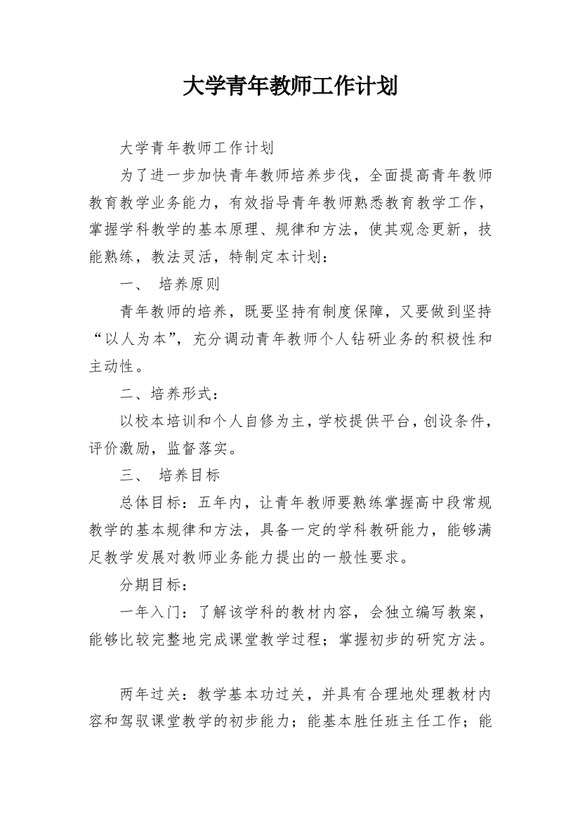 大学青年教师工作计划