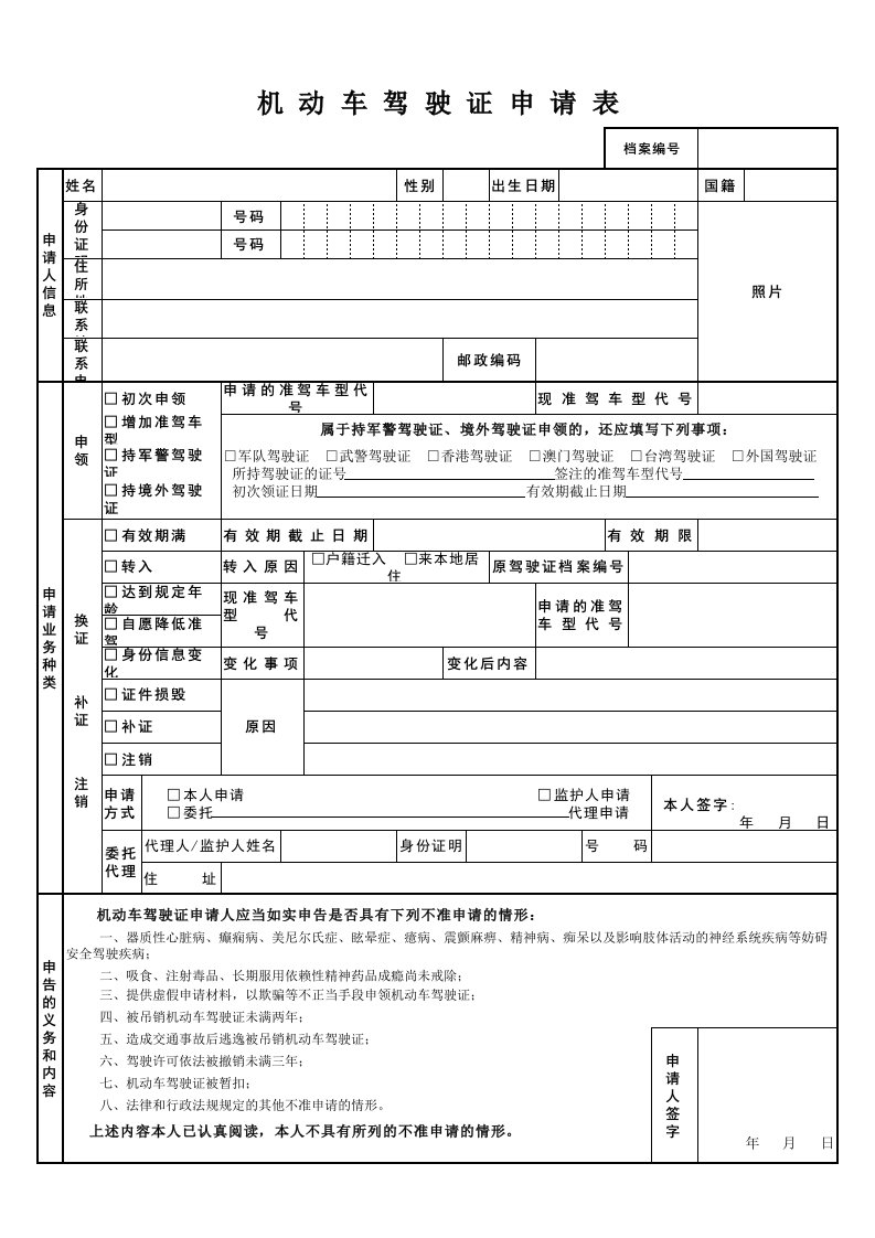 机动车驾驶证申请表(表格)