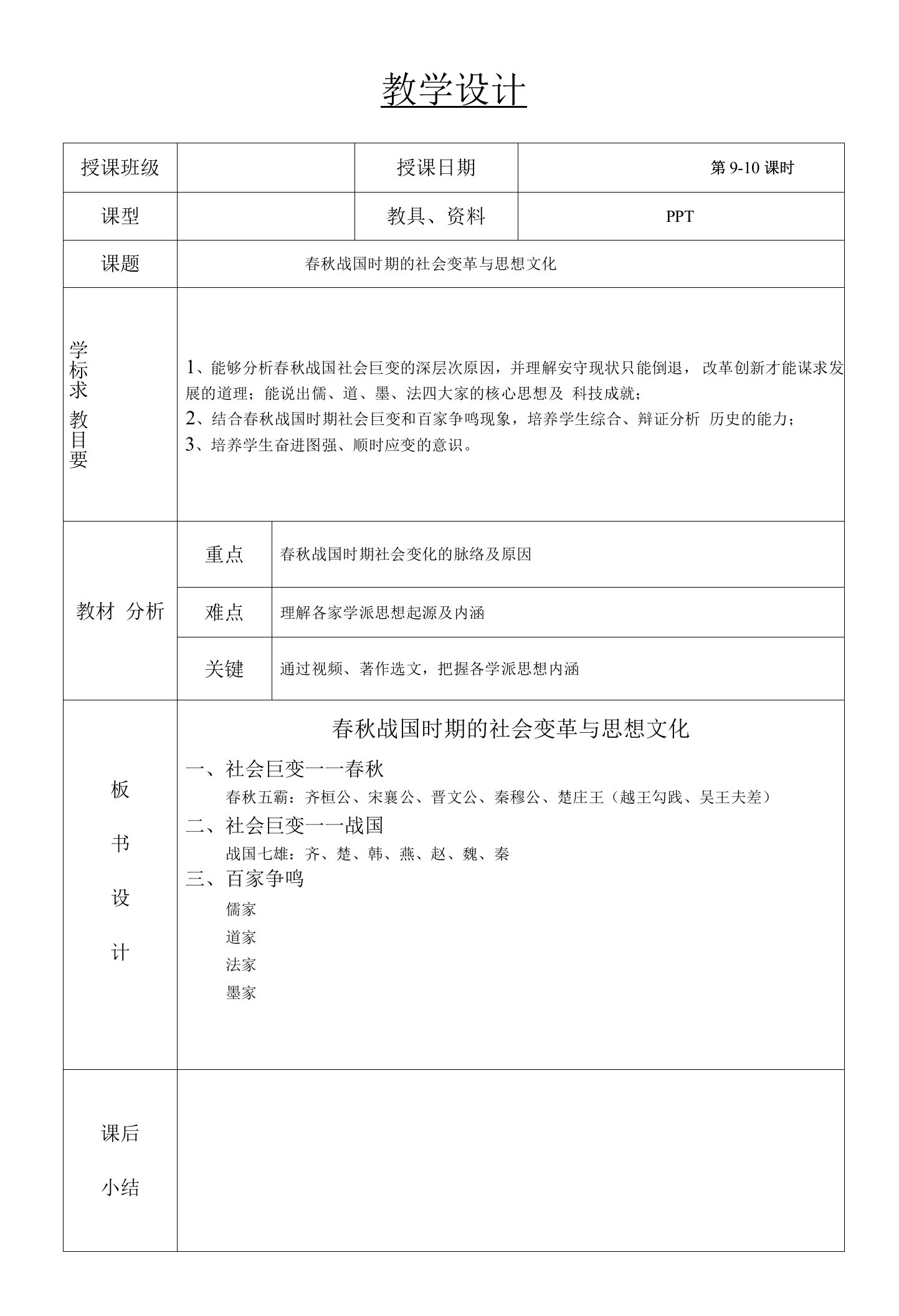 高中历史教案910春秋战国