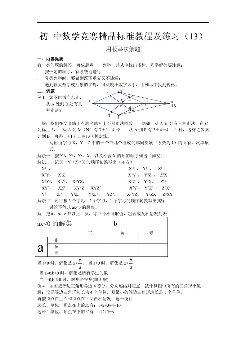 初中数学竞赛精品标准教程及练习13：用枚举法解题