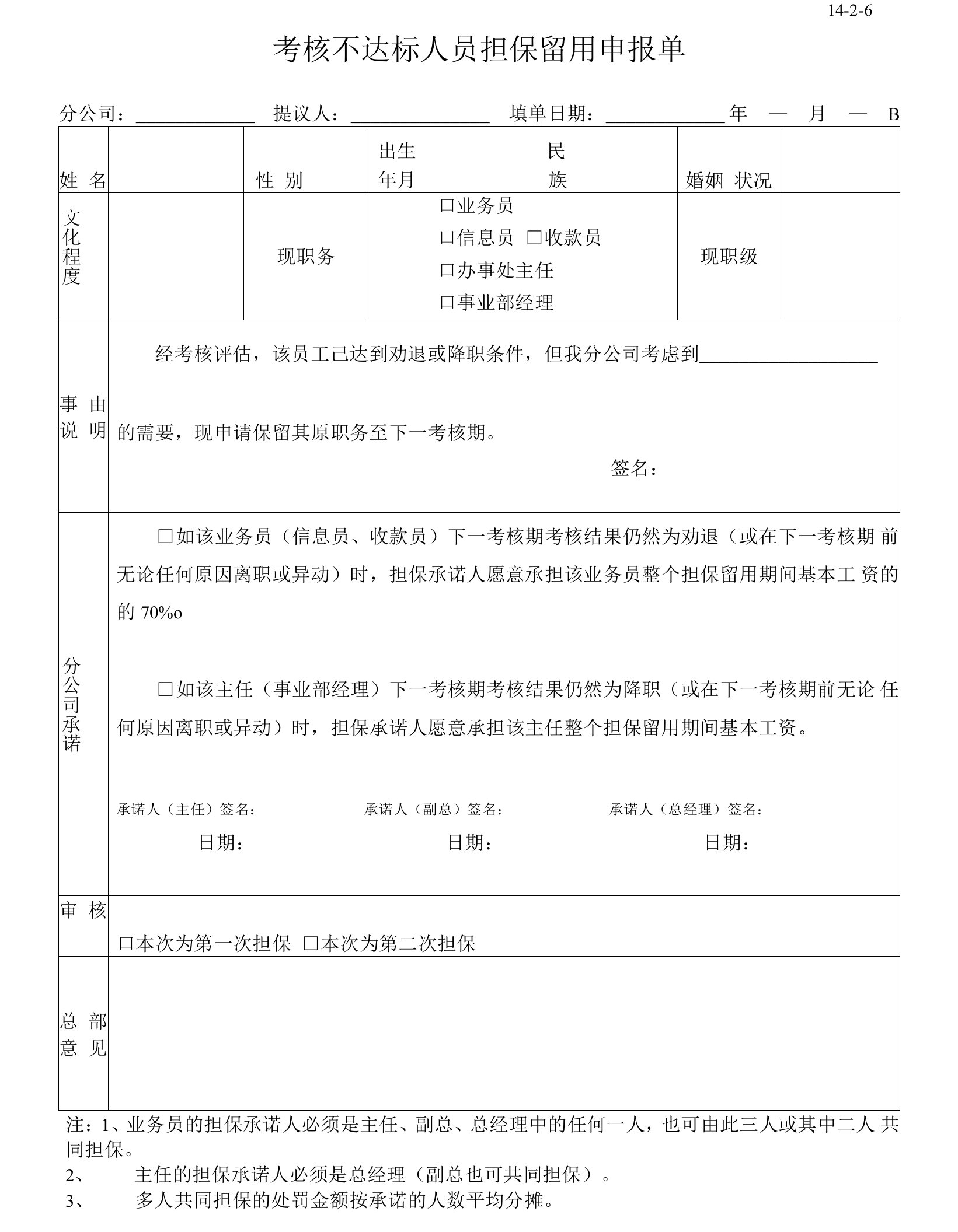 14-2-6考核不达标人员担保留用申报单