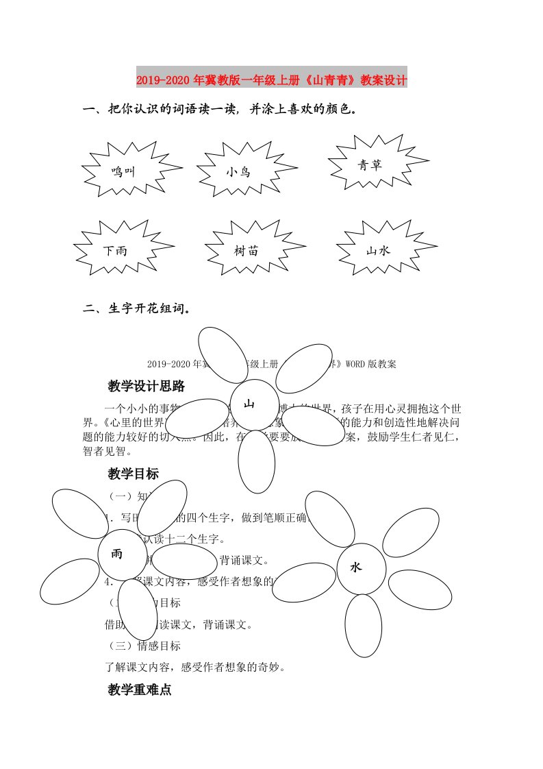 2019-2020年冀教版一年级上册《山青青》教案设计