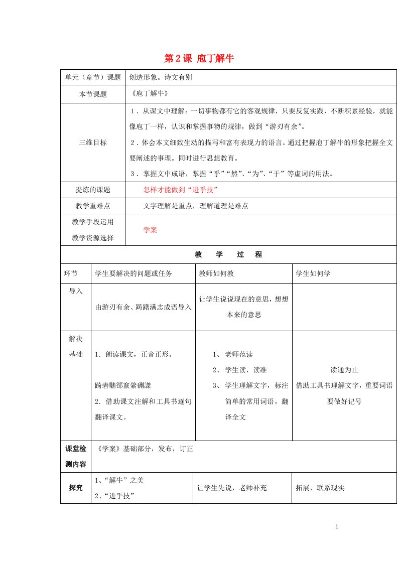 陕西省安康市石泉县高中语文第四单元创造形象诗文有别第2课庖丁解牛教案1新人教版选修中国古代诗歌散文鉴赏