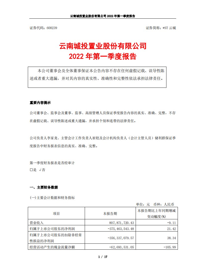 上交所-云南城投置业股份有限公司2022年第一季度报告-20220425