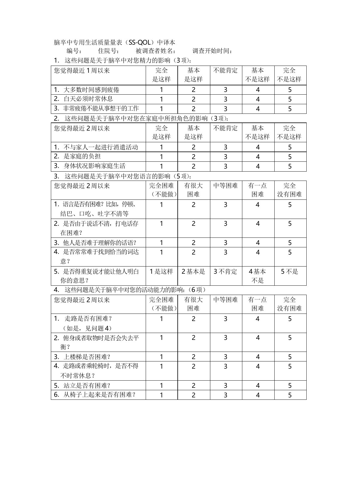 脑卒中专用生活质量量表