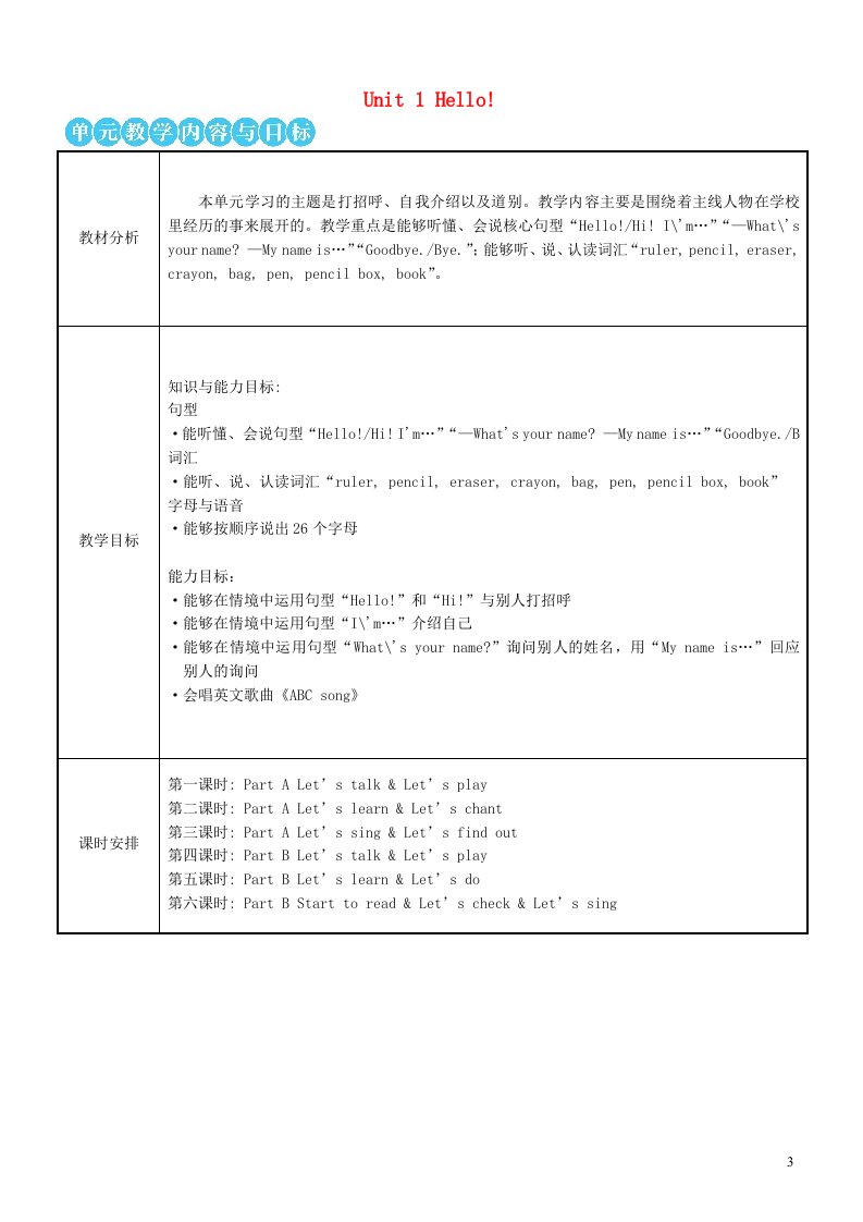 三年级英语上册Unit1Hello第一课时教案人教PEP