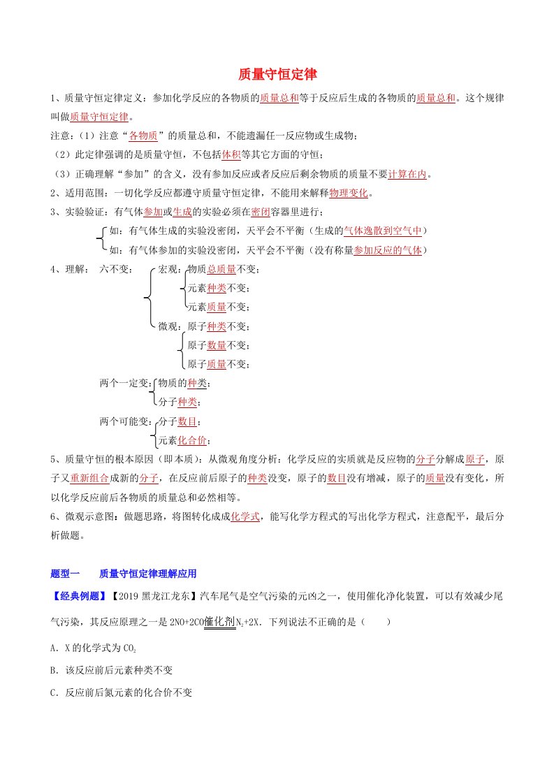 2021年中考化学一轮复习质量守恒定律考点讲解含解析