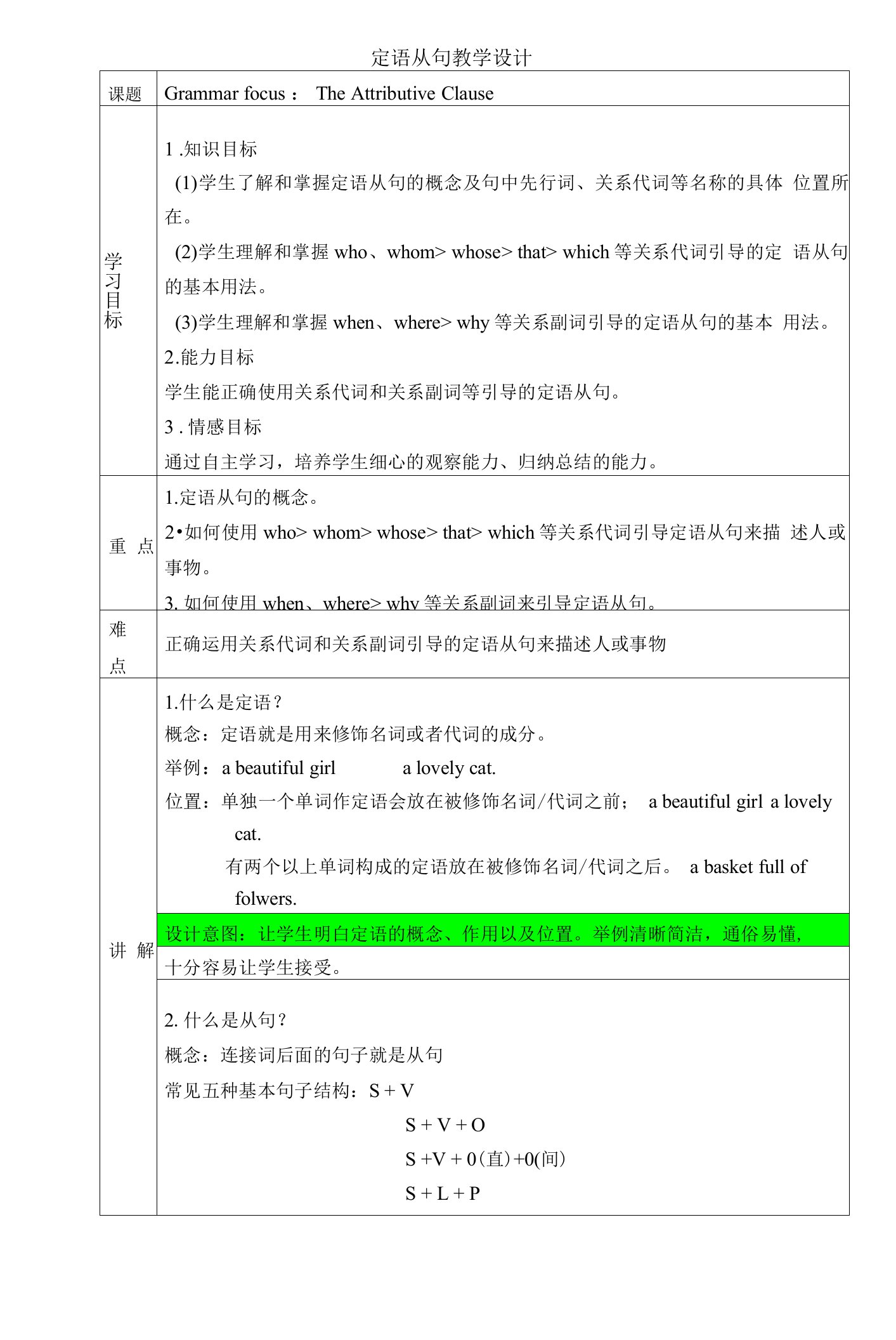 中考英语复习教案：定语从句教学设计