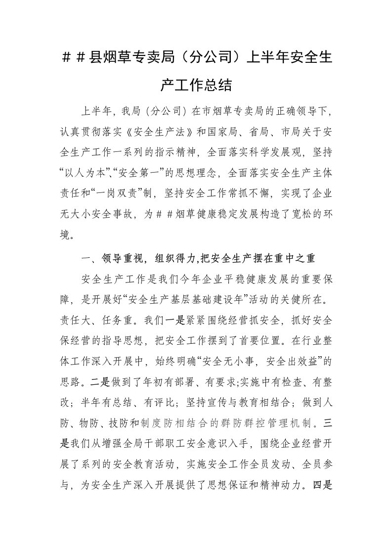 烟草专卖分公司上半年安全生产工作总结