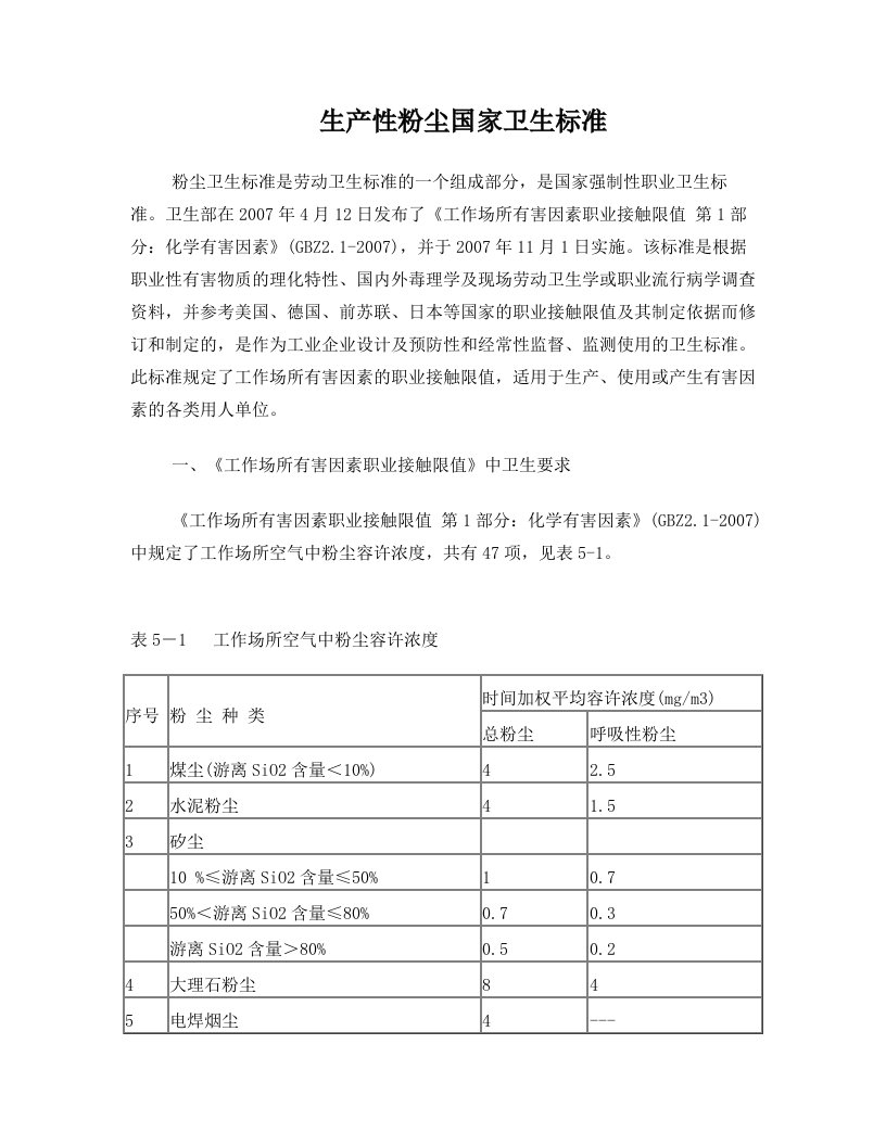 生产性粉尘国家卫生标准