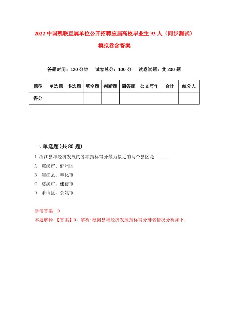 2022中国残联直属单位公开招聘应届高校毕业生93人同步测试模拟卷含答案1