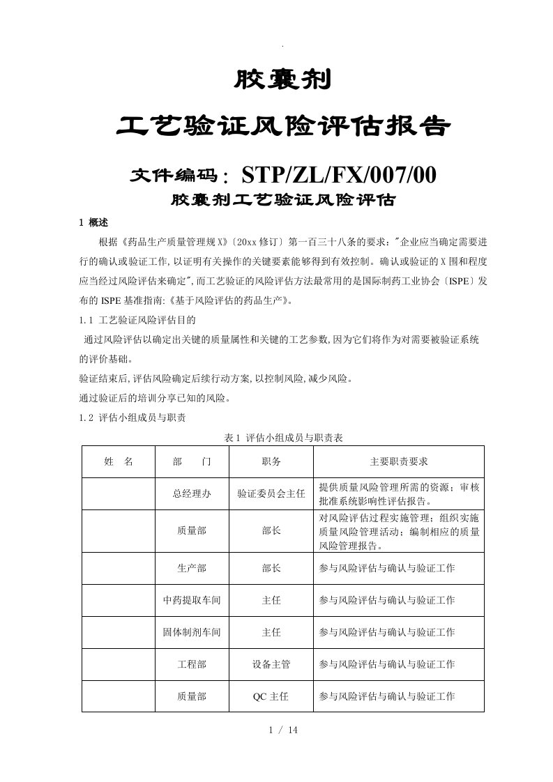 07胶囊剂工艺设计验证风险评估实施报告