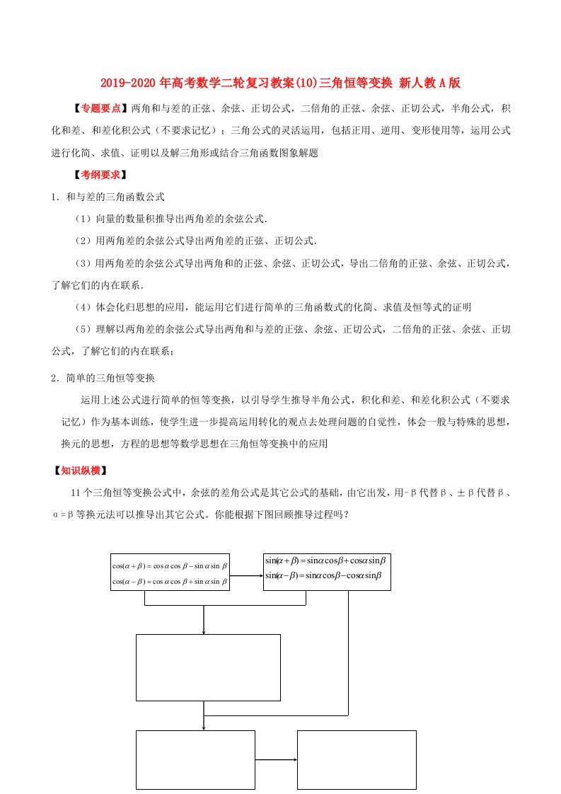 2019-2020年高考数学二轮复习教案(10)三角恒等变换