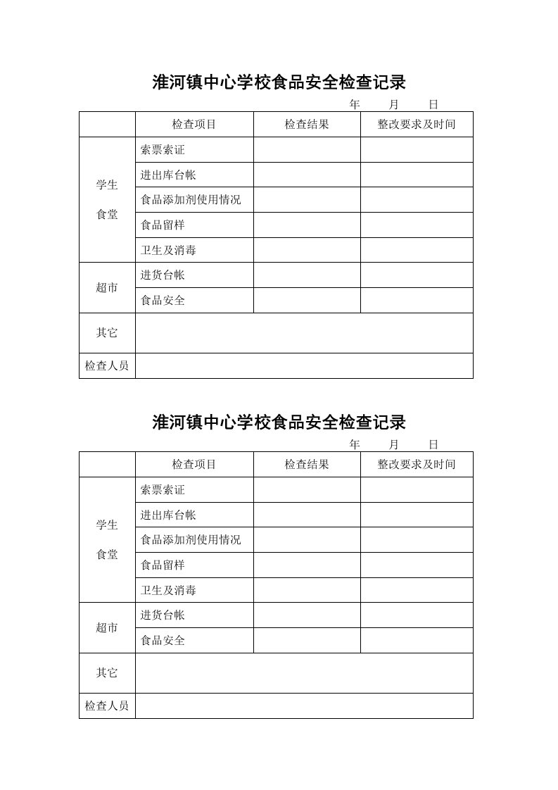 学校食堂食品安全检查记录表