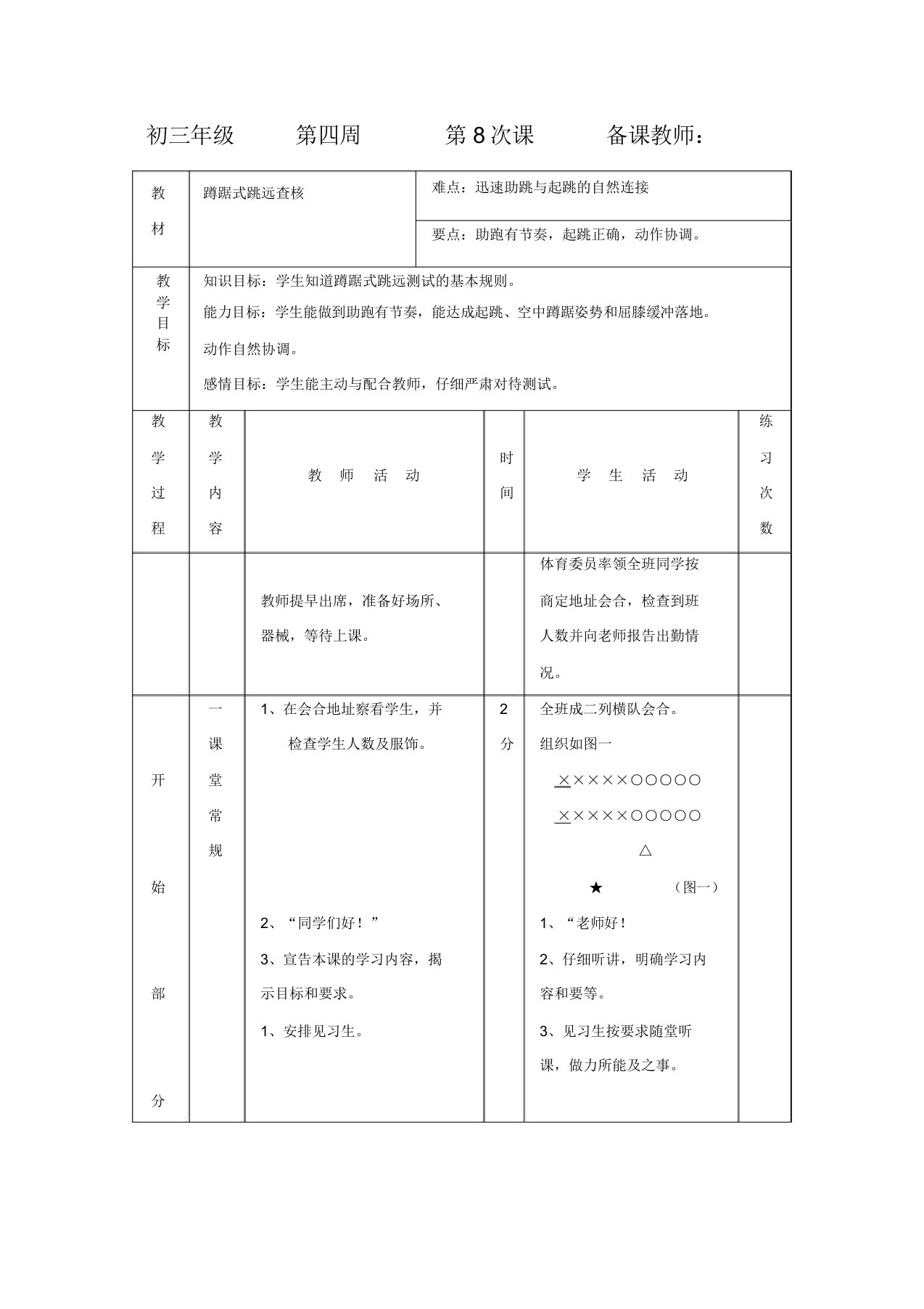 初三体育与健康教案集：蹲踞式跳远考核