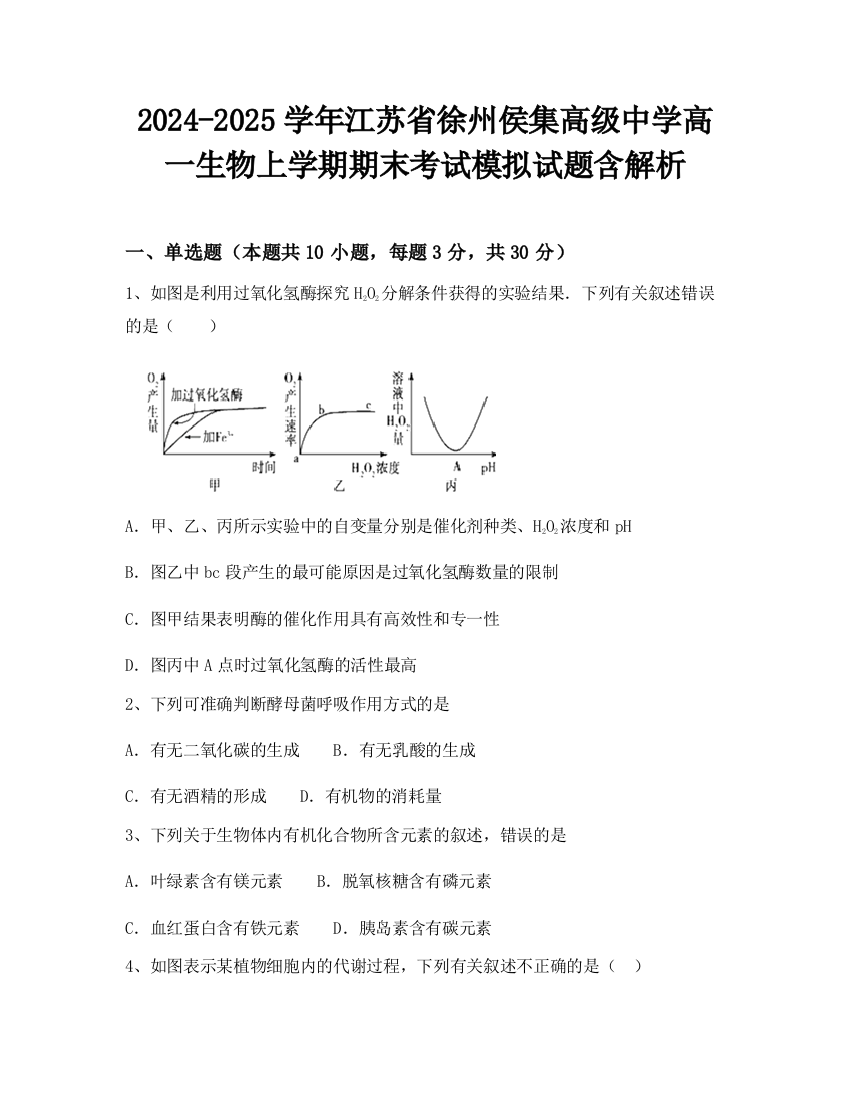 2024-2025学年江苏省徐州侯集高级中学高一生物上学期期末考试模拟试题含解析