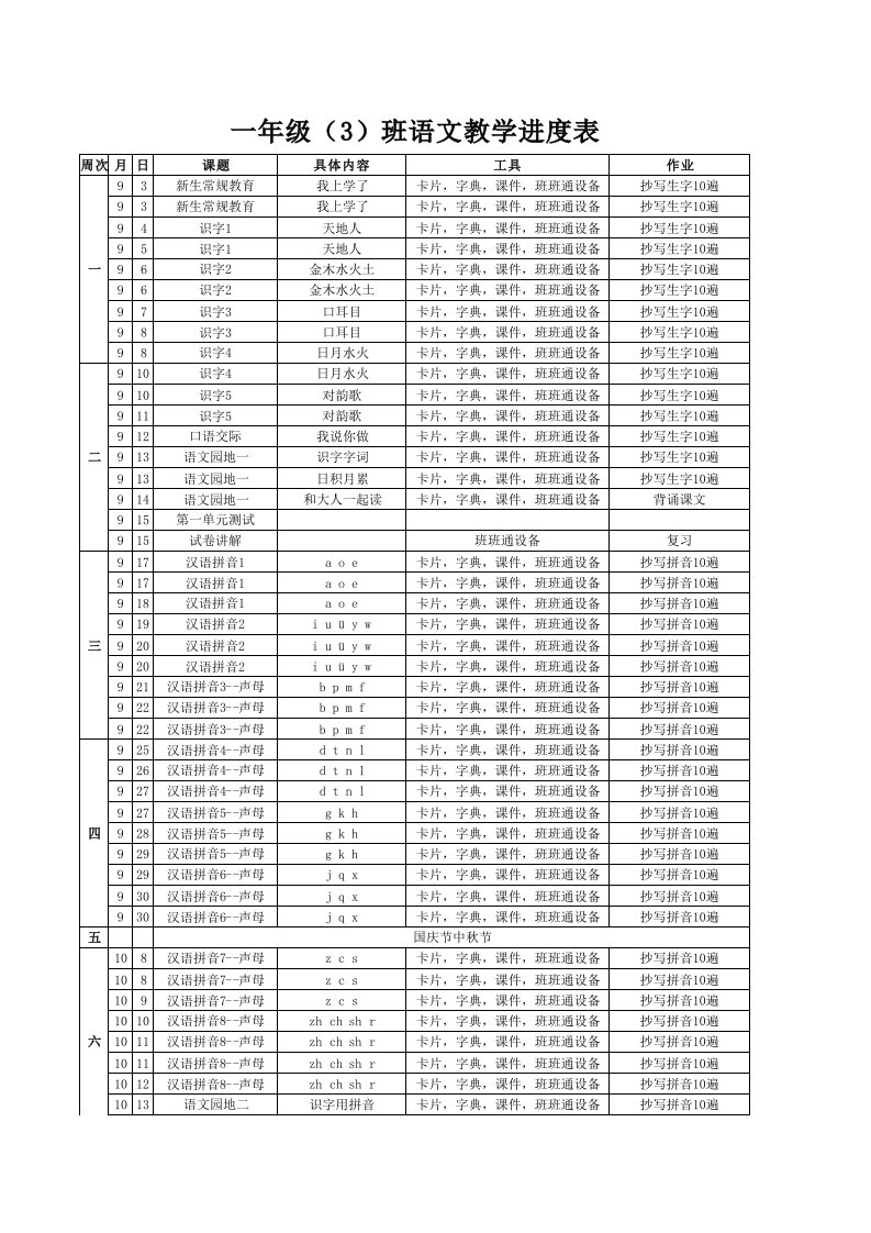 一年级上册语文教学进度表