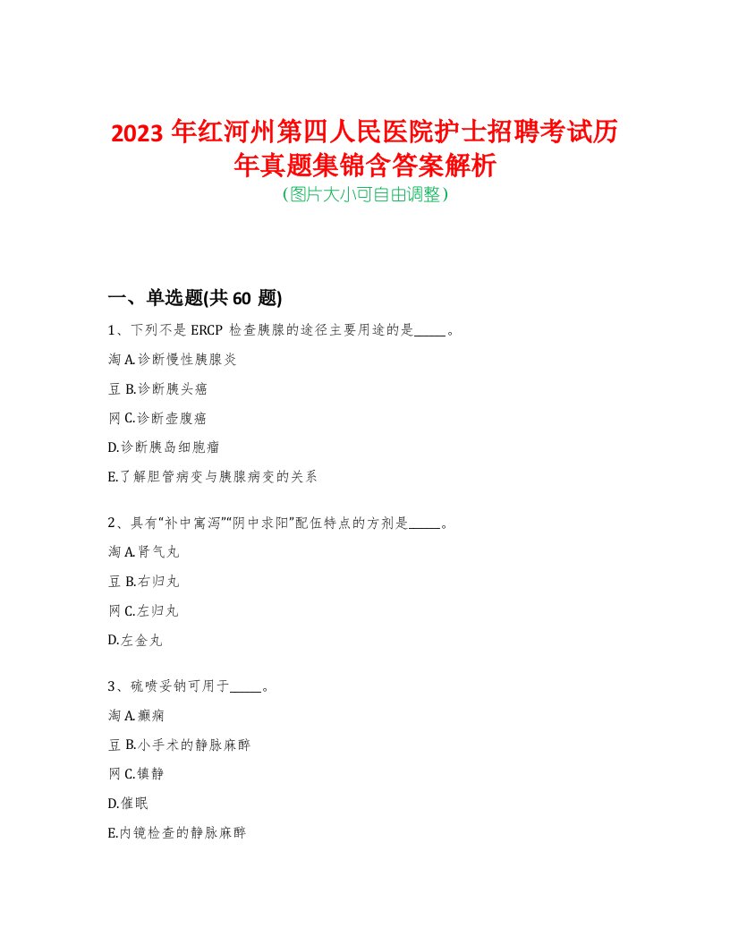 2023年红河州第四人民医院护士招聘考试历年真题集锦含答案解析