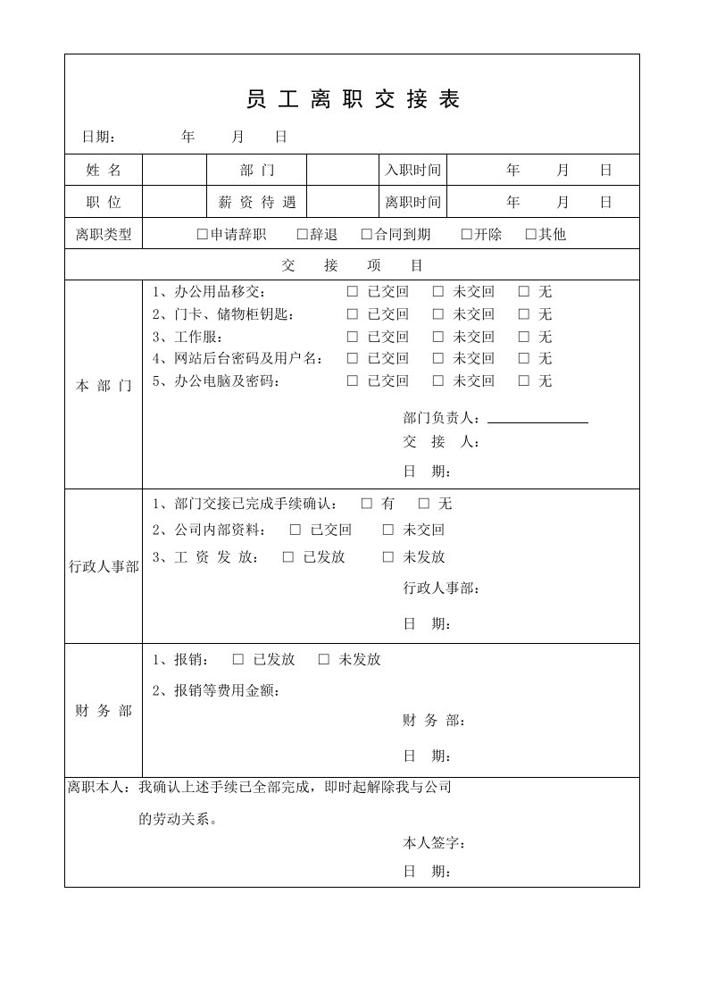 员工离职交接表范本