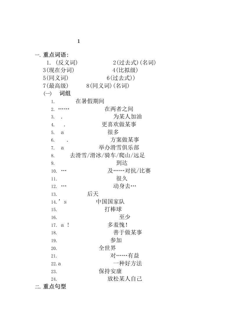 仁爱版八年级英语上册各单元语言点归纳及单元测试题1