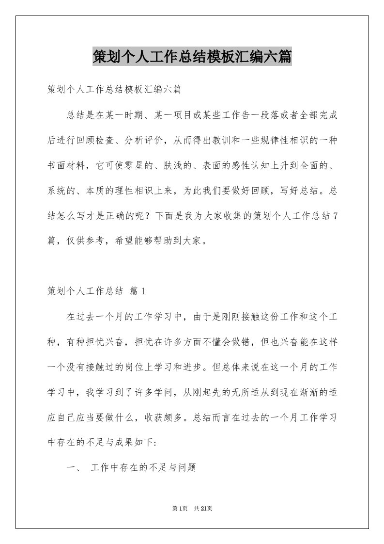 策划个人工作总结模板汇编六篇