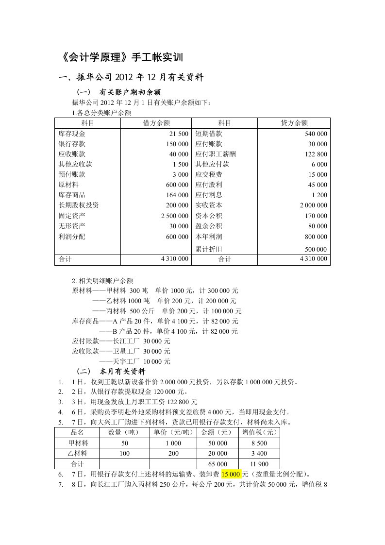 会计学原理手工帐实训