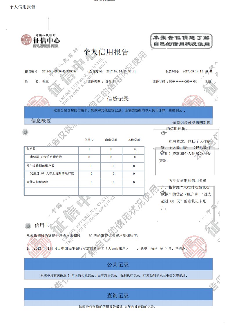 简版个人征信报告模板